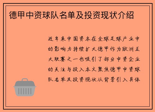 德甲中资球队名单及投资现状介绍