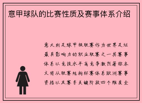 意甲球队的比赛性质及赛事体系介绍