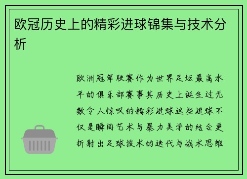 欧冠历史上的精彩进球锦集与技术分析