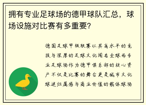 拥有专业足球场的德甲球队汇总，球场设施对比赛有多重要？